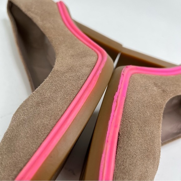 NEW UNITED Nude Tan Suede Barbie Pink Trim Stacked Heel Spring Base Pumps Heels - Picture 7 of 12